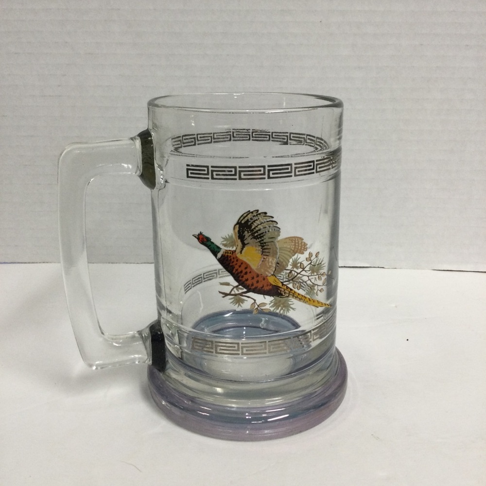 Glass Beer Mug with Pheasant Game Bird Greek Key Princess House Colonial VTG